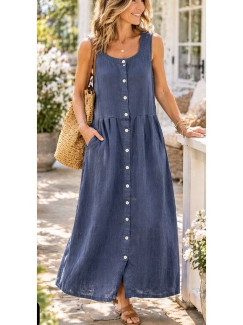 VTG Smith & Hawken Medium Blue Linen Maxi Dress Button Front Sleeveless Pockets
